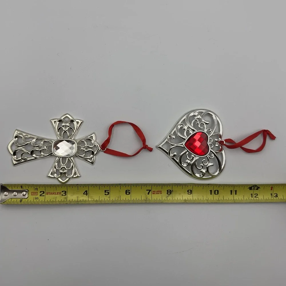 Lot Of 2 Large Lenox Silvertone Cross Heart Ornament Faceted‎ Clear Red Crystal